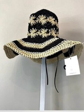 NWT San Diego Hat Company, Black & Cream Sunhat Elegant Flirty Striped Brim, S/M